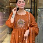 DT BRAND Zoya Orange Mal Cotton Kurti Pant Dupatta Set – Pleated Kurti with Embroidered Butta