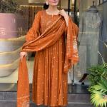 DT BRAND Zoya Orange Mal Cotton Kurti Pant Dupatta Set – Pleated Kurti with Embroidered Butta