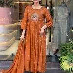 DT BRAND Zoya Orange Mal Cotton Kurti Pant Dupatta Set – Pleated Kurti with Embroidered Butta