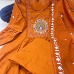 DT BRAND Zoya Orange Mal Cotton Kurti Pant Dupatta Set – Pleated Kurti with Embroidered Butta
