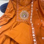 DT BRAND Zoya Orange Mal Cotton Kurti Pant Dupatta Set – Pleated Kurti with Embroidered Butta