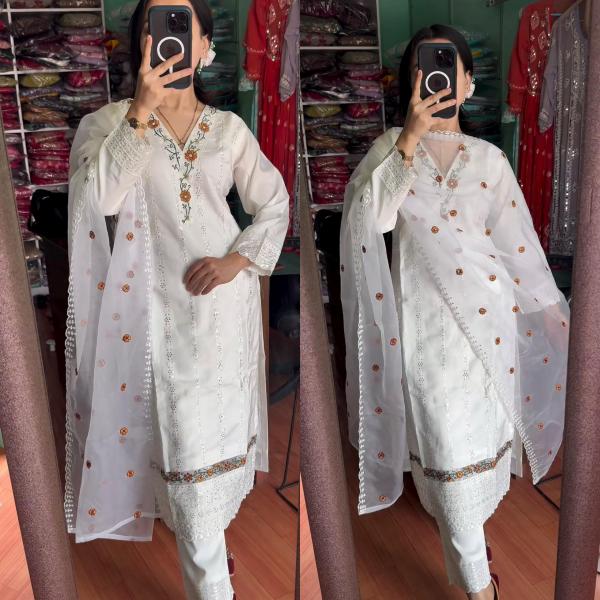 Zohra Luxe – Embroidered Faux Georgette Top, Pant & Dupatta Set