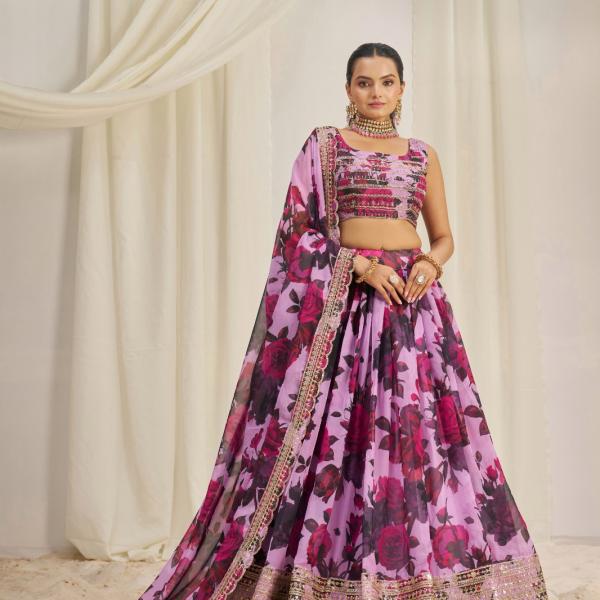 TF-327 | Organza Floral Lehenga Choli Set with Zari & Sequins Embroidery