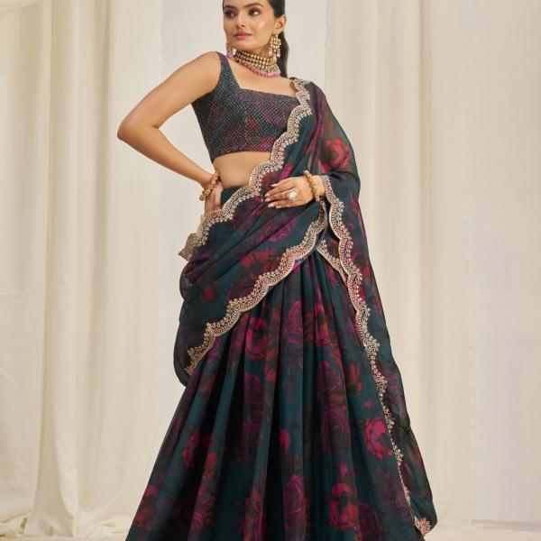 TF-328 | Elegant Floral Organza Lehenga Choli Set with Zari & Sequins Work