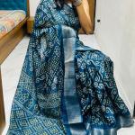 🌿 Ajrakh Elegance – Semi Gaji Silk Zari Saree