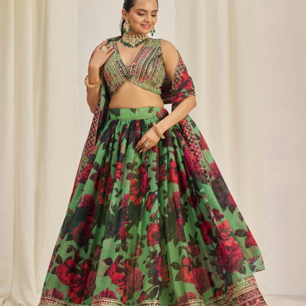 TF-330 | Organza Floral Print Lehenga Choli Set with Zari & Sequin Embroidery