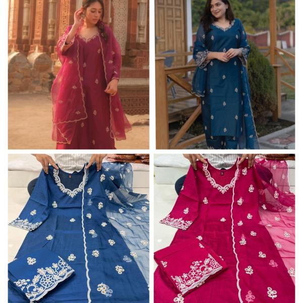Raasha Chanderi Silk Embroidered Kurti Palazzo Dupatta Set – Cotton Thread Work Elegance