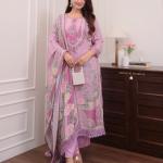 Zarinah Lilac Muslin Pakistani Suit Set – Digital Print & Hand Embroidery with Pearl Mala