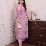 Zarinah Lilac Muslin Pakistani Suit Set – Digital Print & Hand Embroidery with Pearl Mala