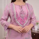 Zarinah Lilac Muslin Pakistani Suit Set – Digital Print & Hand Embroidery with Pearl Mala