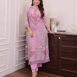 Zarinah Lilac Muslin Pakistani Suit Set – Digital Print & Hand Embroidery with Pearl Mala