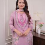 Zarinah Lilac Muslin Pakistani Suit Set – Digital Print & Hand Embroidery with Pearl Mala