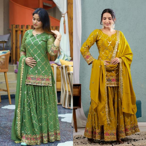 Zyrah Designer Chinon Silk Party Wear Set – Top, Sharara Palazzo & Dupatta (Style ND-5017)