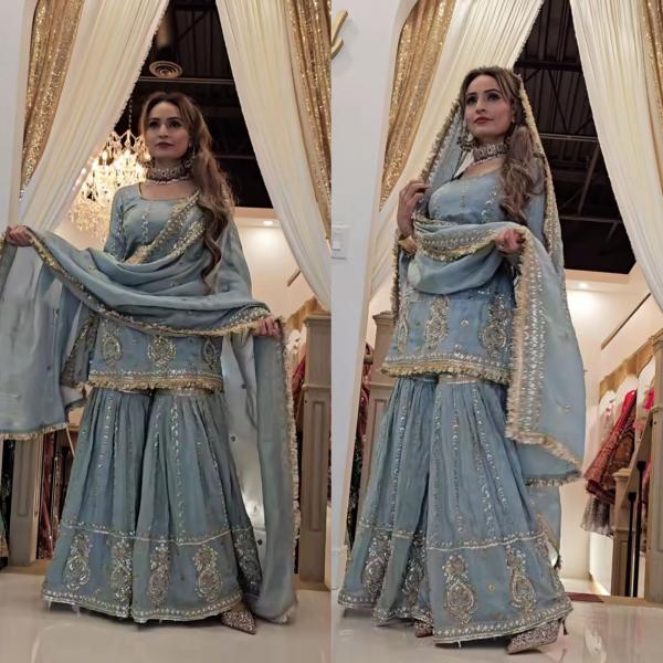 ✨ Zeenat Elite – Embroidered Chinon Silk Sharara Suit Set