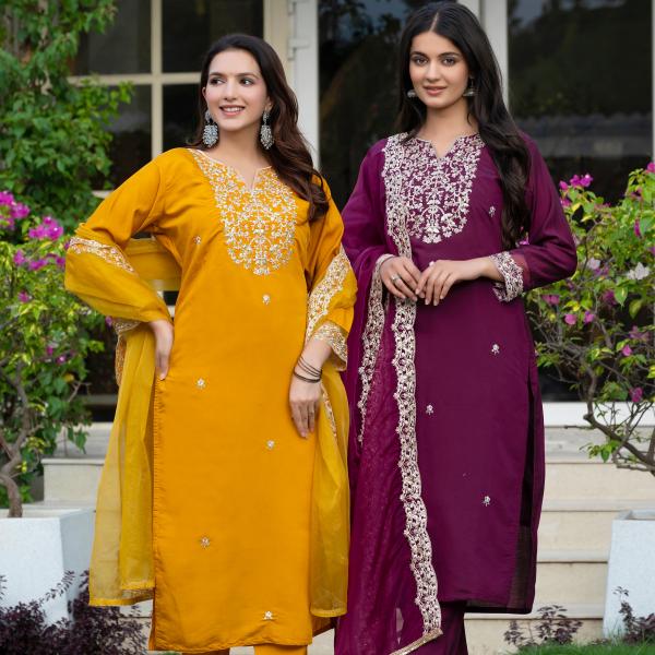 ✨ Royal Grace - Heavy Embroidered Roman Silk Suit Set