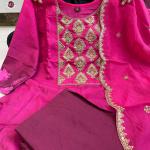 Pink Violet – Anarkali Flared Kurti Pant Dupatta Set (Muslin with Golden Zari Work)