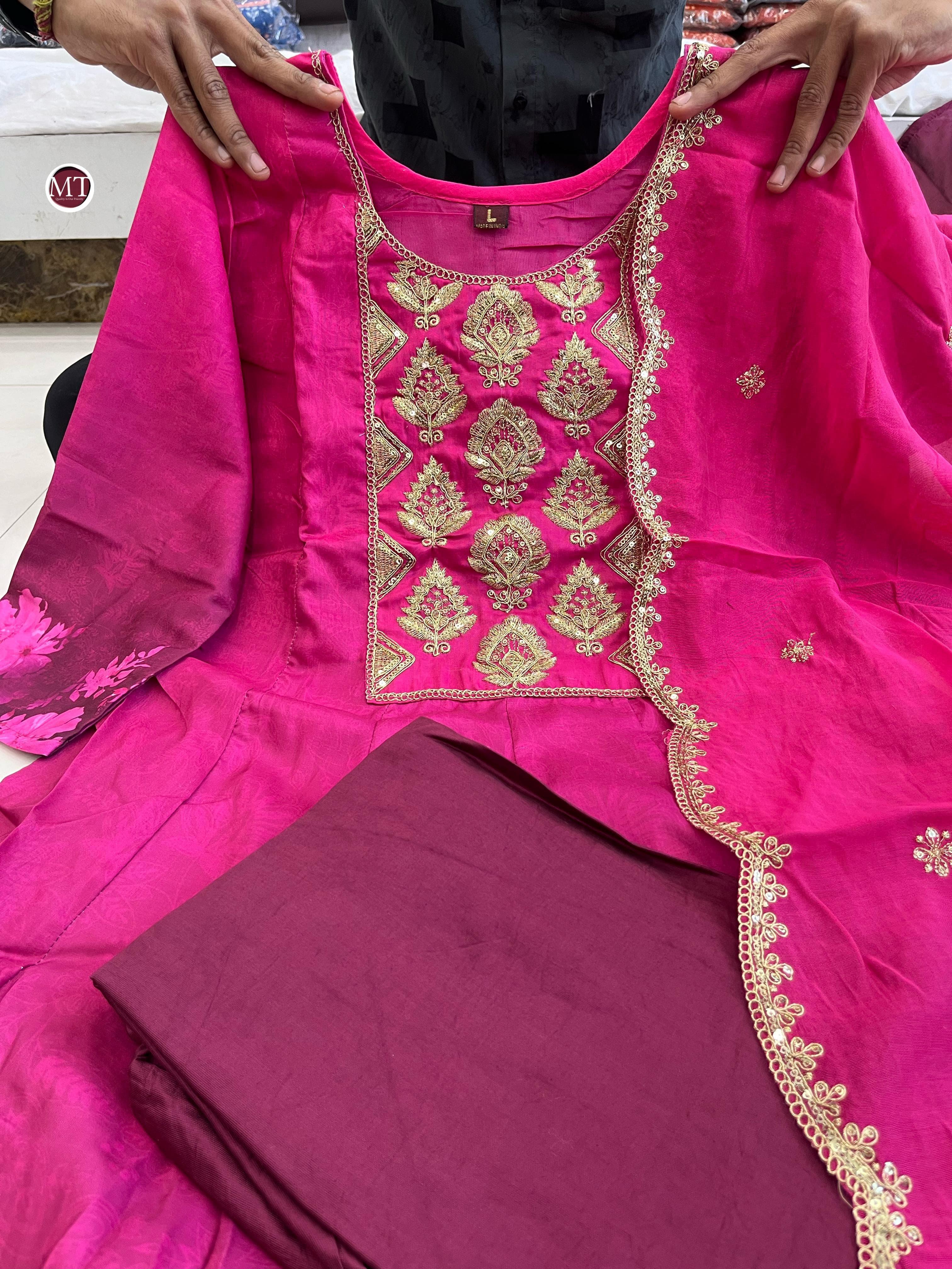 Pink Violet – Anarkali Flared Kurti Pant Dupatta Set (Muslin with Golden Zari Work)