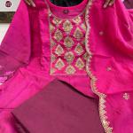 Pink Violet – Anarkali Flared Kurti Pant Dupatta Set (Muslin with Golden Zari Work)