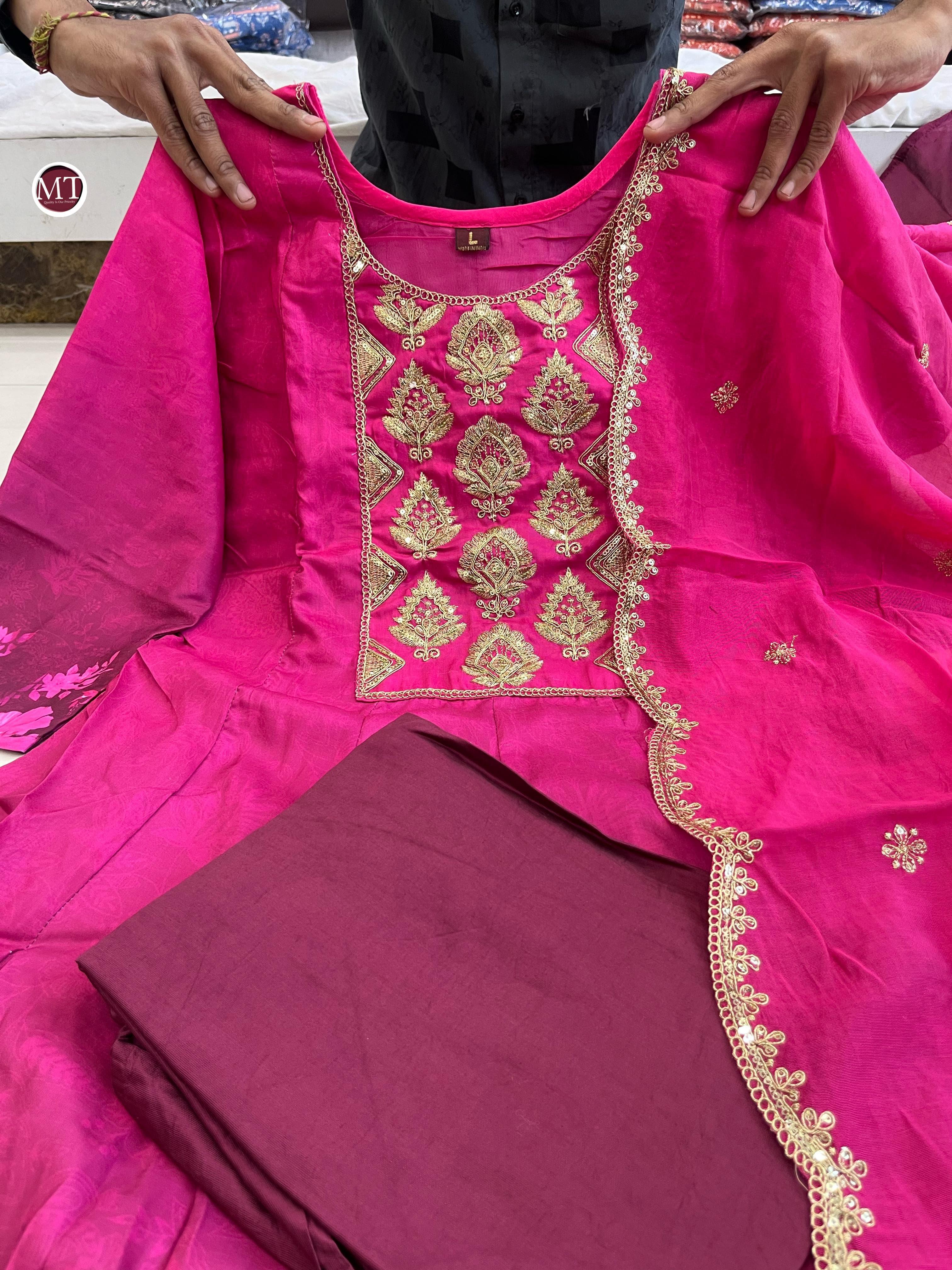 Pink Violet – Anarkali Flared Kurti Pant Dupatta Set (Muslin with Golden Zari Work)