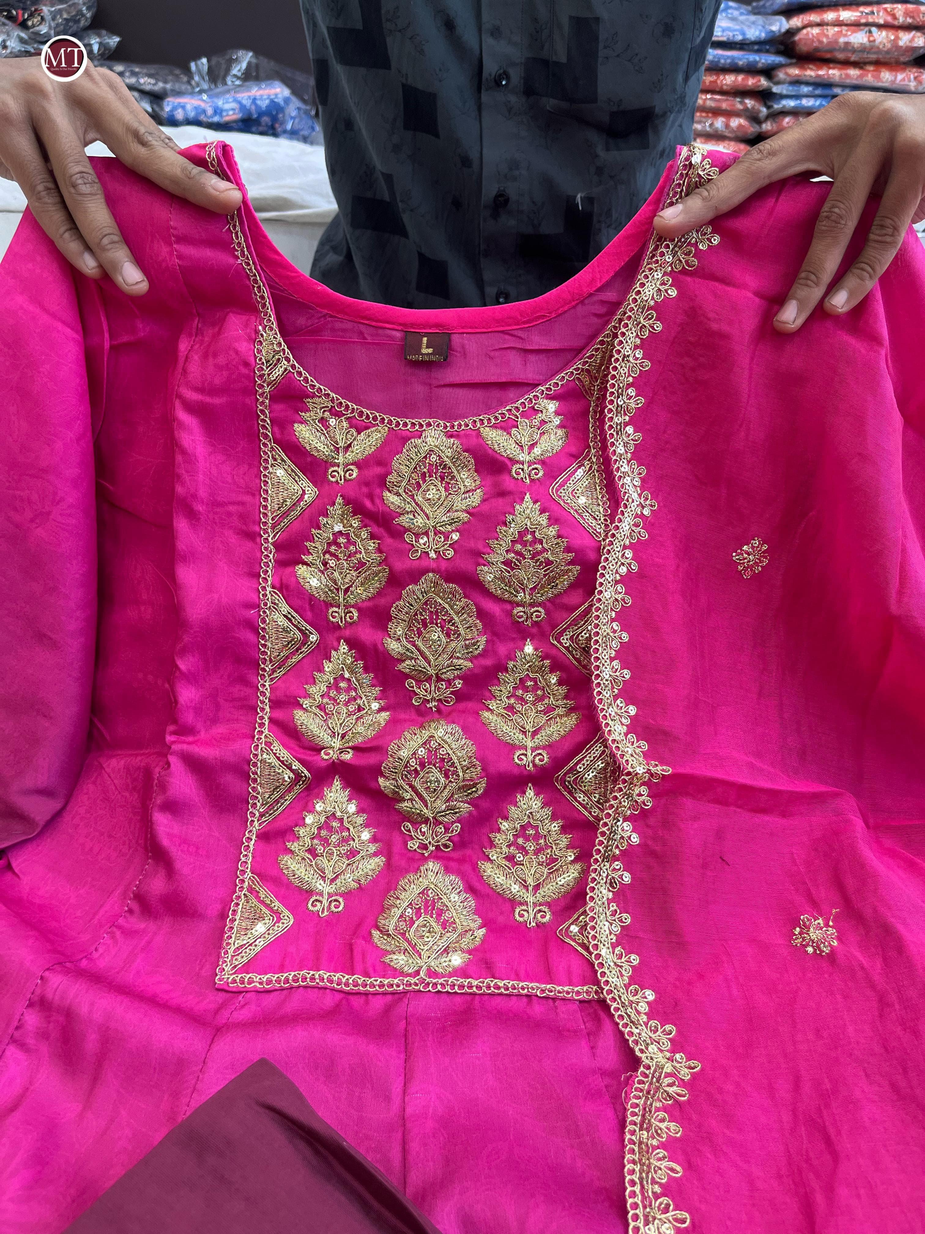 Pink Violet – Anarkali Flared Kurti Pant Dupatta Set (Muslin with Golden Zari Work)