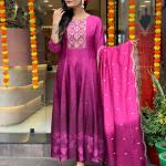 Pink Violet – Anarkali Flared Kurti Pant Dupatta Set (Muslin with Golden Zari Work)