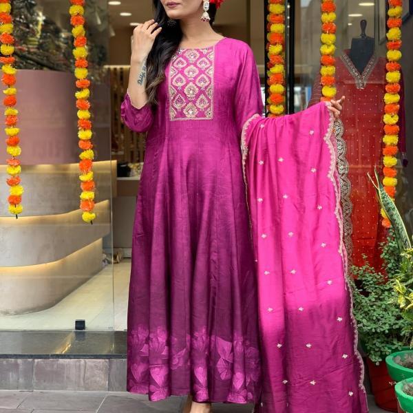 💗 "Pink Violet" – Anarkali Flared Muslin Silk Kurti Set