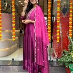 Pink Violet – Anarkali Flared Kurti Pant Dupatta Set (Muslin with Golden Zari Work)