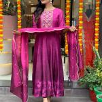 Pink Violet – Anarkali Flared Kurti Pant Dupatta Set (Muslin with Golden Zari Work)