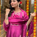 Pink Violet – Anarkali Flared Kurti Pant Dupatta Set (Muslin with Golden Zari Work)