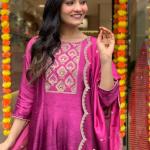 Pink Violet – Anarkali Flared Kurti Pant Dupatta Set (Muslin with Golden Zari Work)
