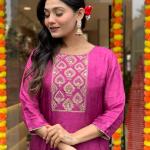 Pink Violet – Anarkali Flared Kurti Pant Dupatta Set (Muslin with Golden Zari Work)