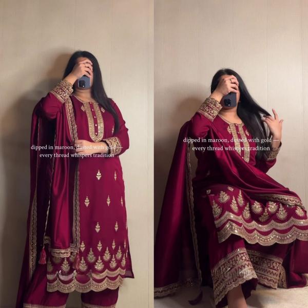 "Elegance Royale" – Premium Embroidered Natural Crepe Silk Suit Set