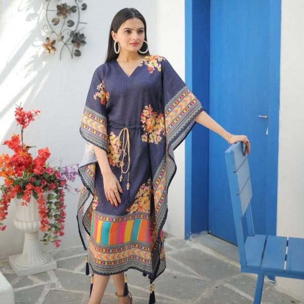 🌟 "Blue Mirage" Premium Printed Chinon Kaftan