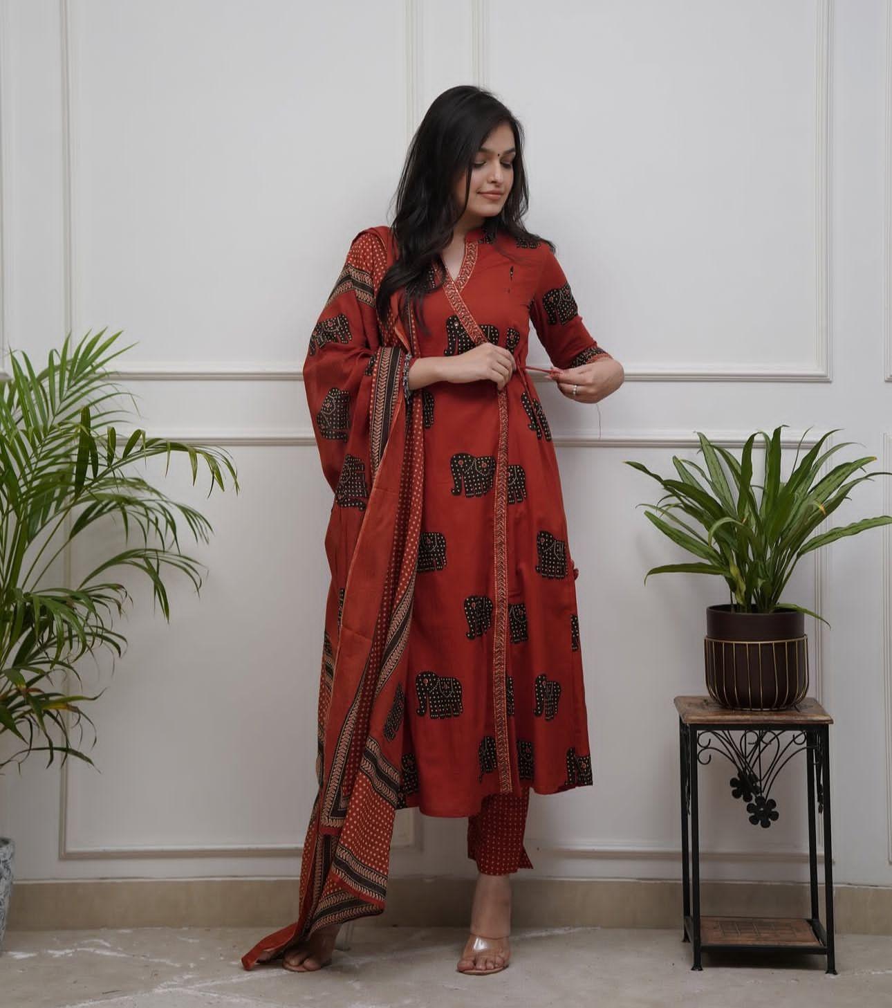 Elegant Cotton Angrakha-Style Kurta Pant Dupatta Set (Sizes M to XXL)