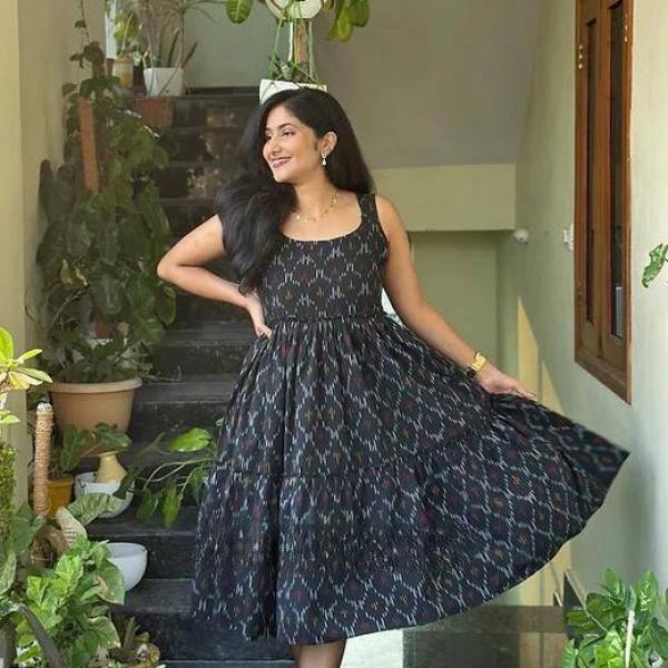 🖤 “Elegance in Ikkat” – Frill Back Soft Cotton Dress