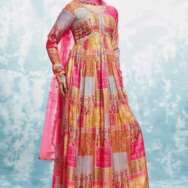 TF-302 – Elegant Cotton Printed Gown with Net Dupatta