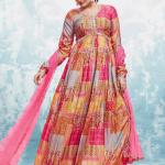 TF-302 – Elegant Cotton Printed Gown with Net Dupatta