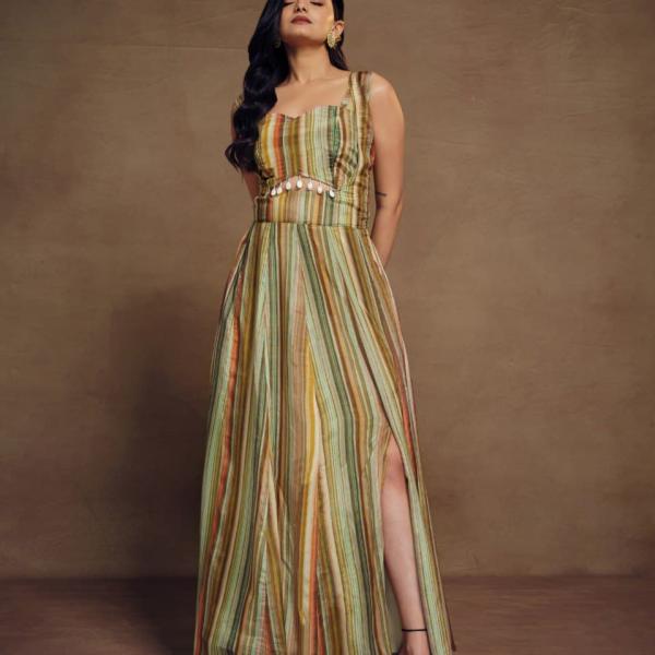 Fancy Slit Cut Digital Printed Silk Gown with Dupatta