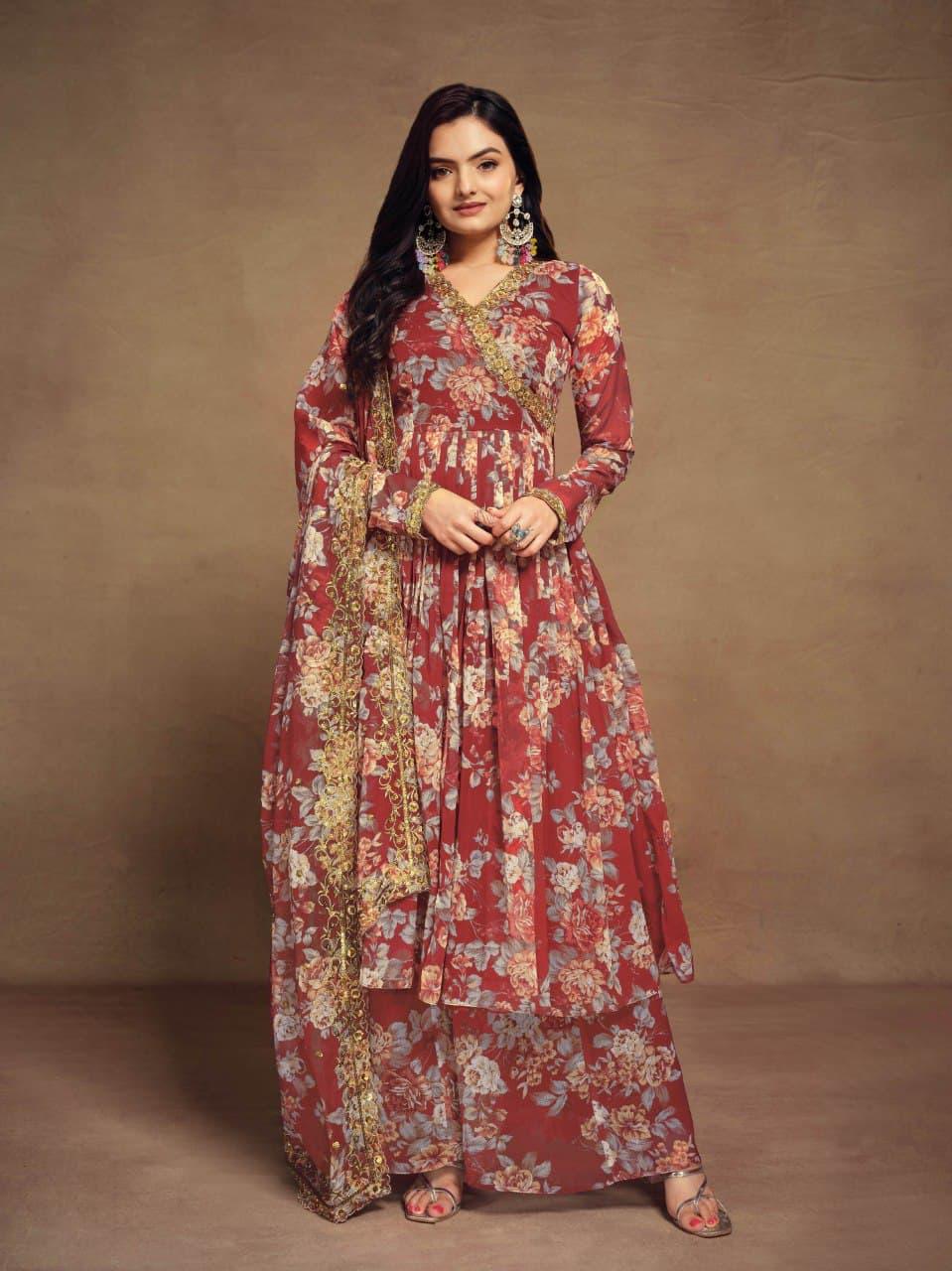 Elegant Zari Embroidered Chiffon Top Palazzo Suit with Dupatta