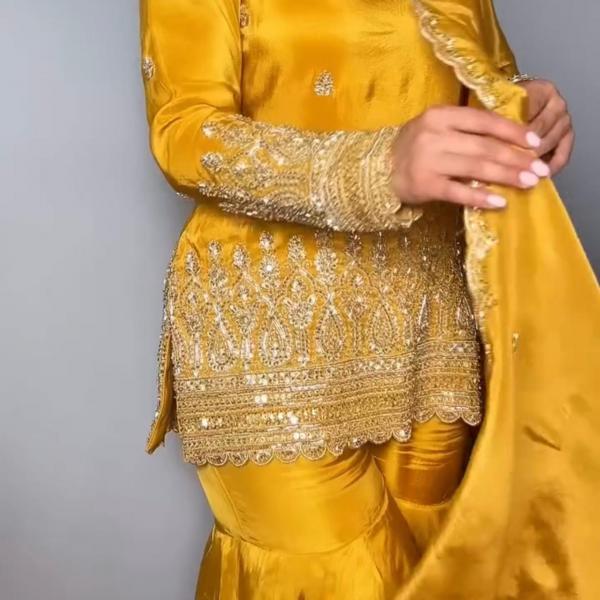 Premium Embroidered Natural Crepe Silk Sharara Suit Set (3-Piece)