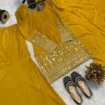 Premium Embroidered Natural Crepe Silk Sharara Suit Set (3-Piece)