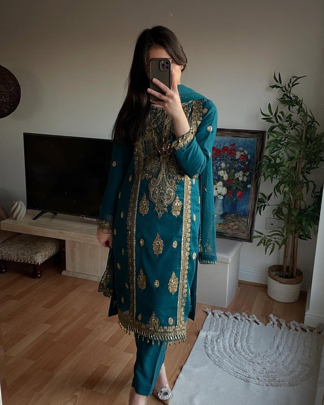 Luxe Chinnon Silk Embroidered Suit Set