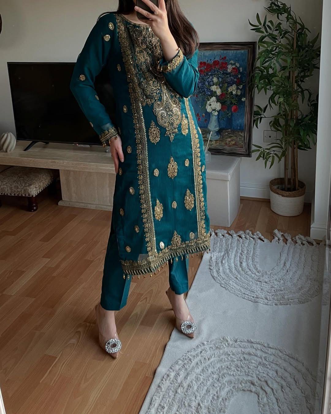 Luxe Chinnon Silk Embroidered Suit Set