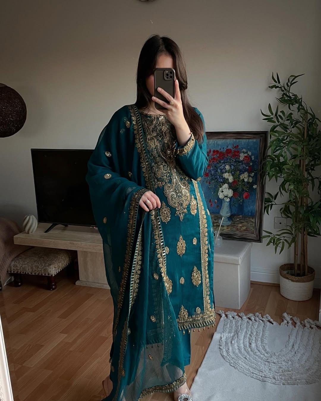 Luxe Chinnon Silk Embroidered Suit Set