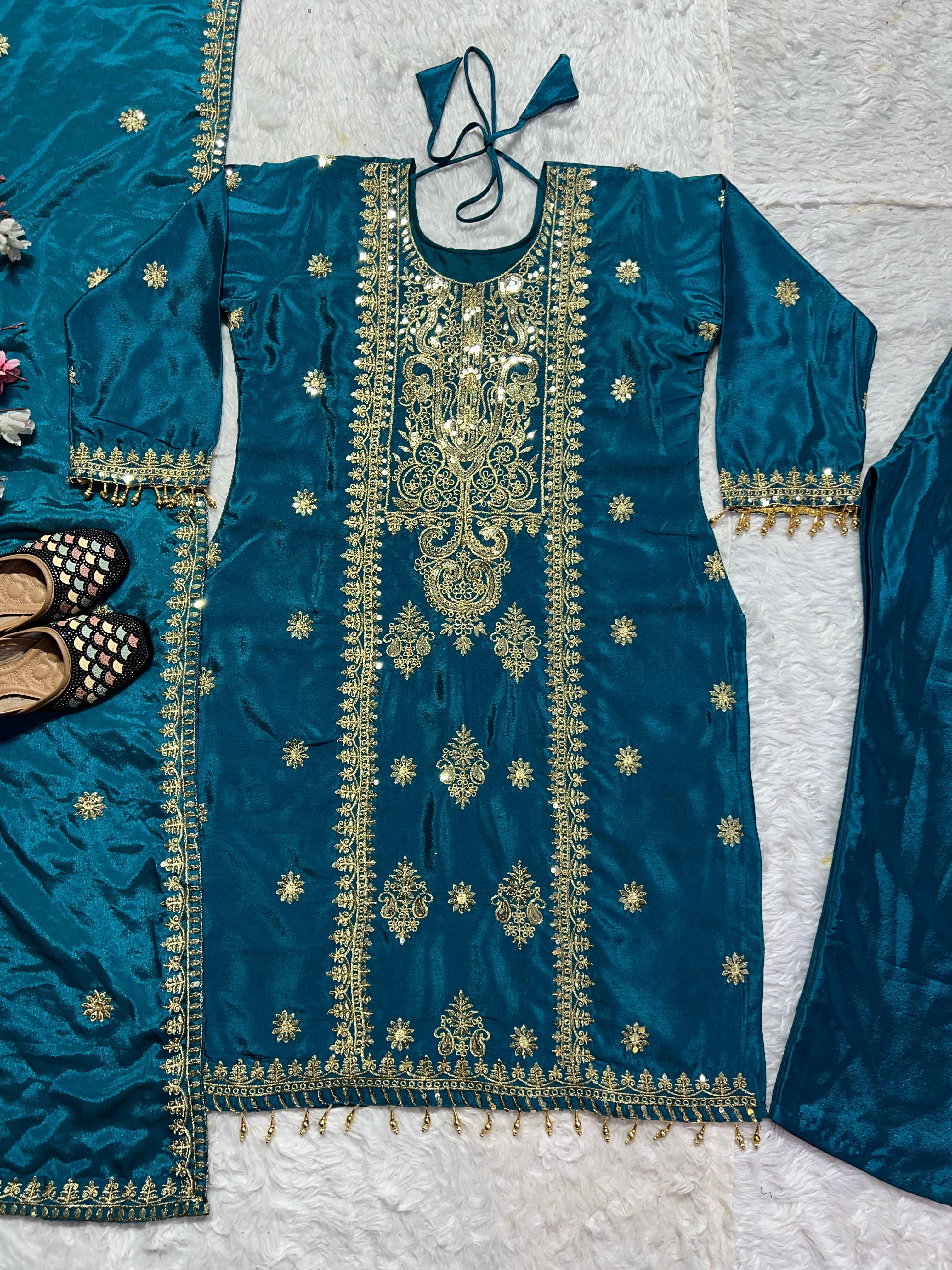 Luxe Chinnon Silk Embroidered Suit Set