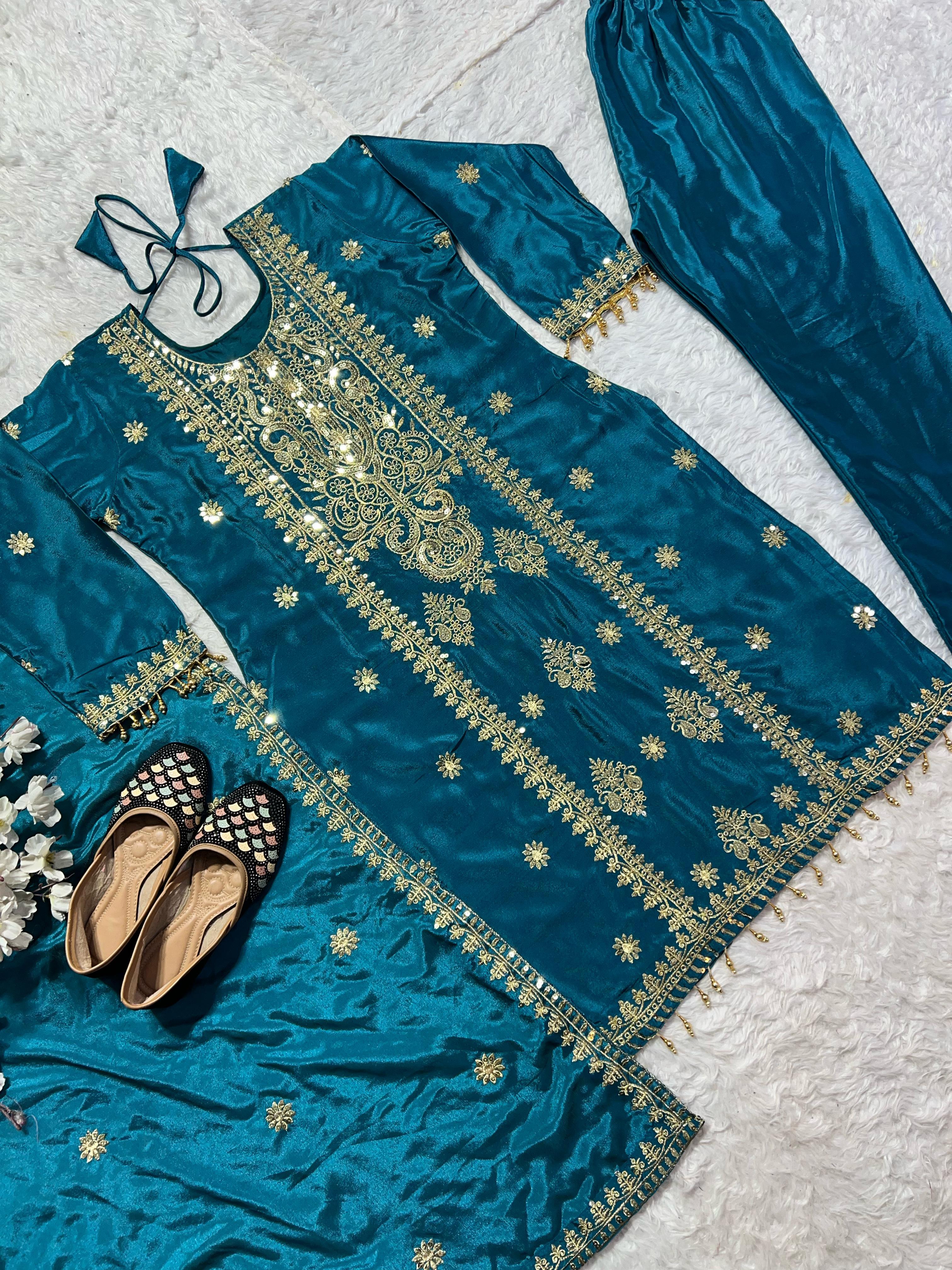 Luxe Chinnon Silk Embroidered Suit Set