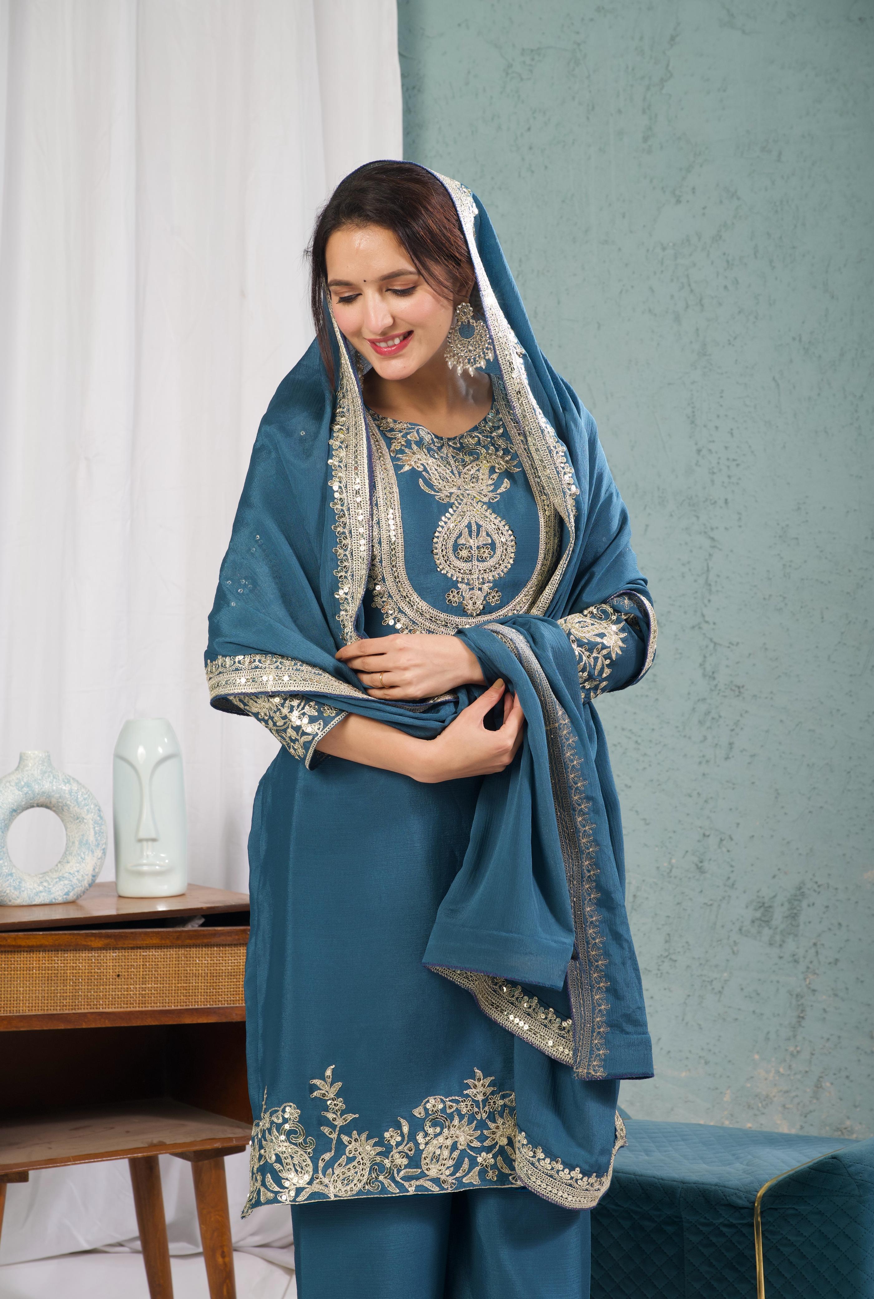 "Saanvi" Pure Chinnon Silk Embroidered Suit Set