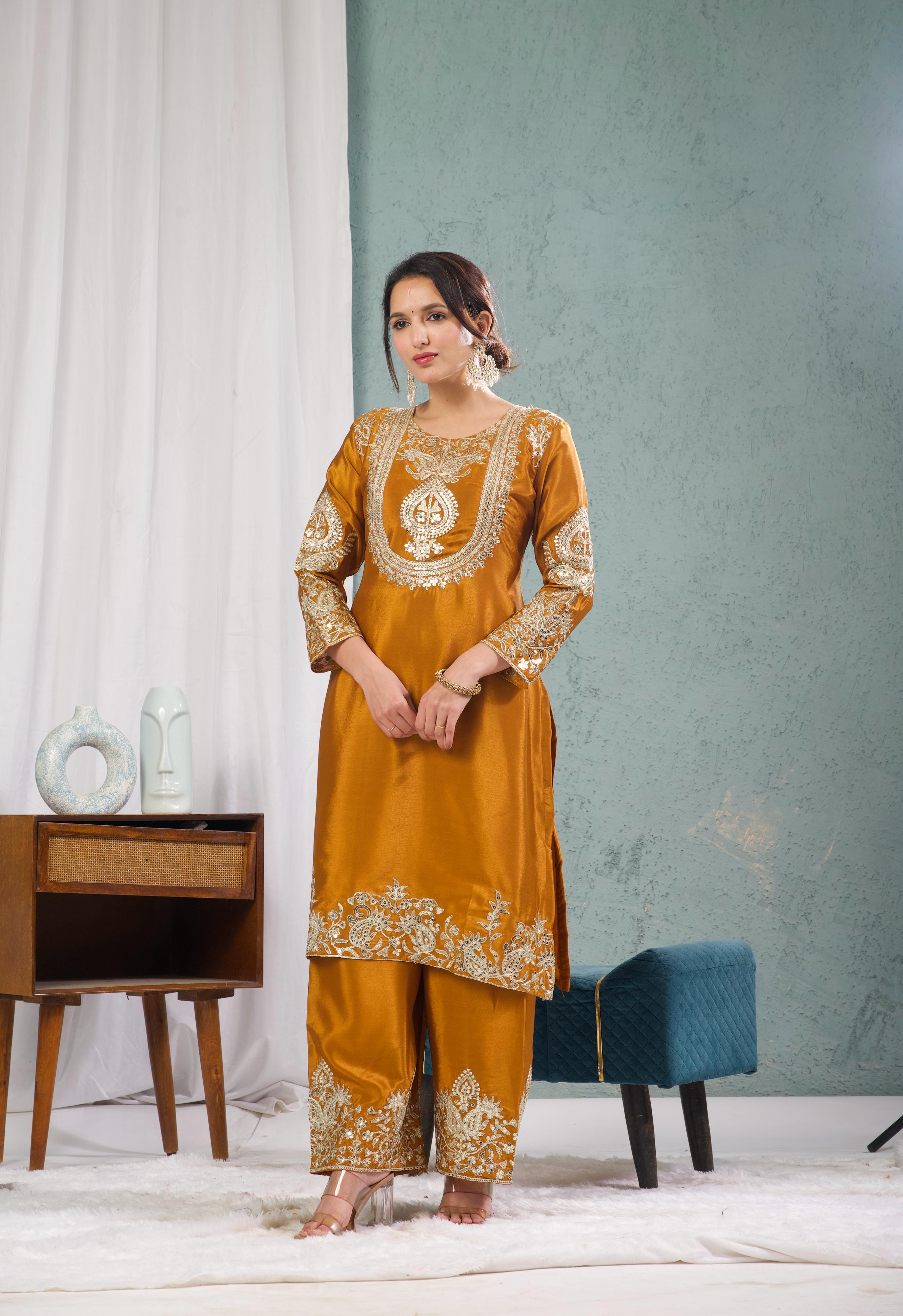 "Saanvi" Pure Chinnon Silk Embroidered Suit Set