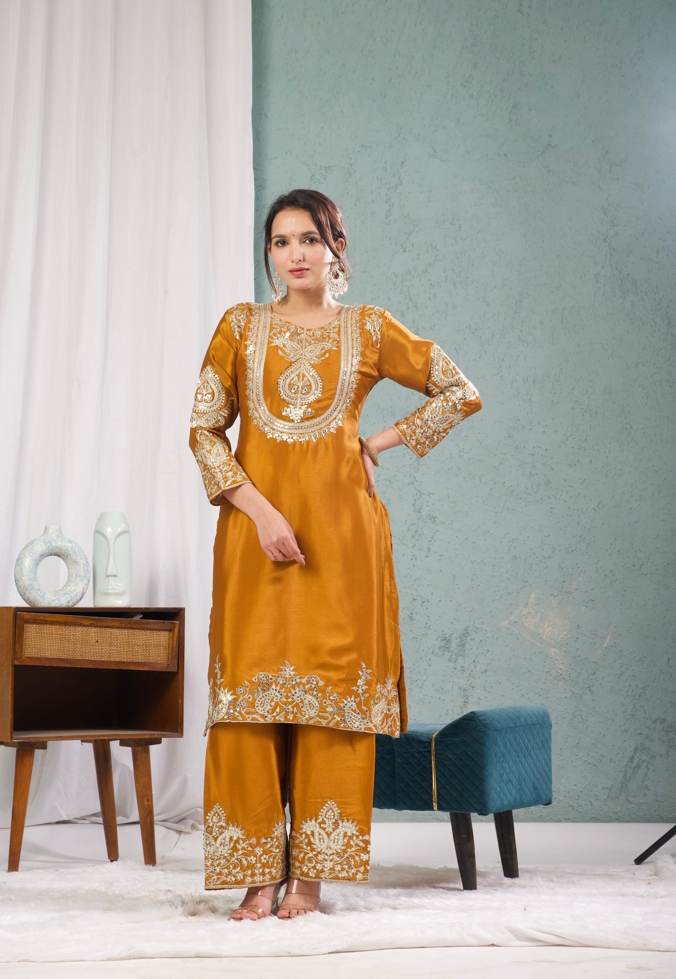 "Saanvi" Pure Chinnon Silk Embroidered Suit Set