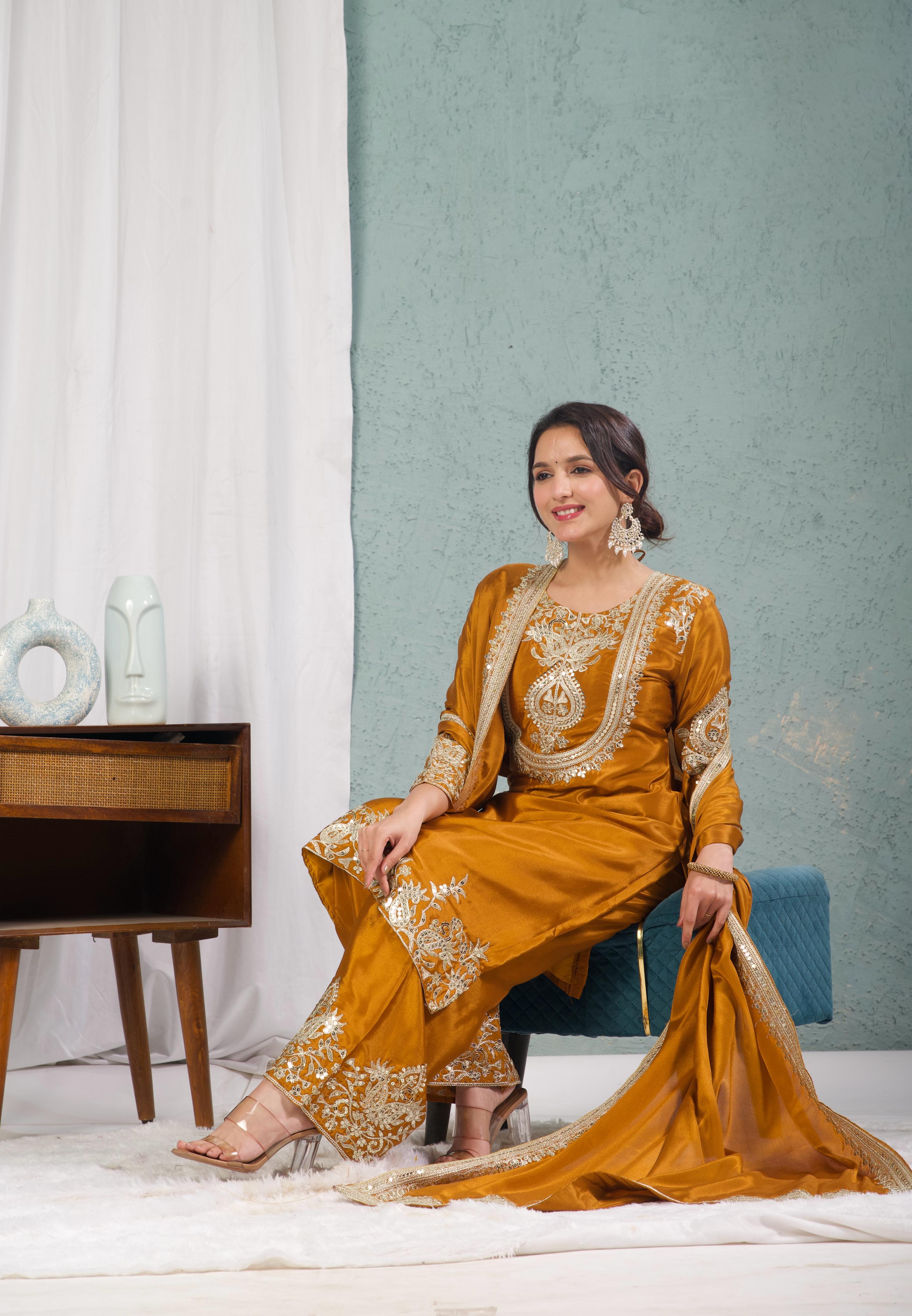 "Saanvi" Pure Chinnon Silk Embroidered Suit Set